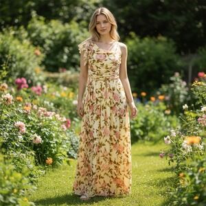 Yellow Pink Rose Floral Ruched Sweetheart Maxi Dress Large Feminine Garden Sexy‎